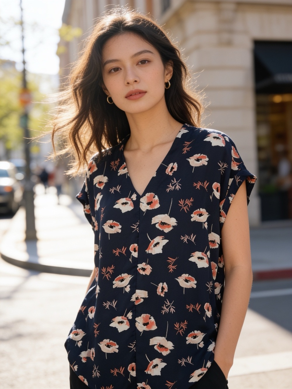 Pleione Floral Blouse XL Navy Poppy Print V-Neck Short Sleeve